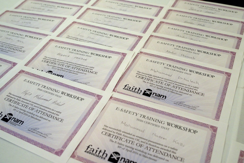 E-Safety Training certificates produced by Faith Associates given to attendees of the E-Safety Training.